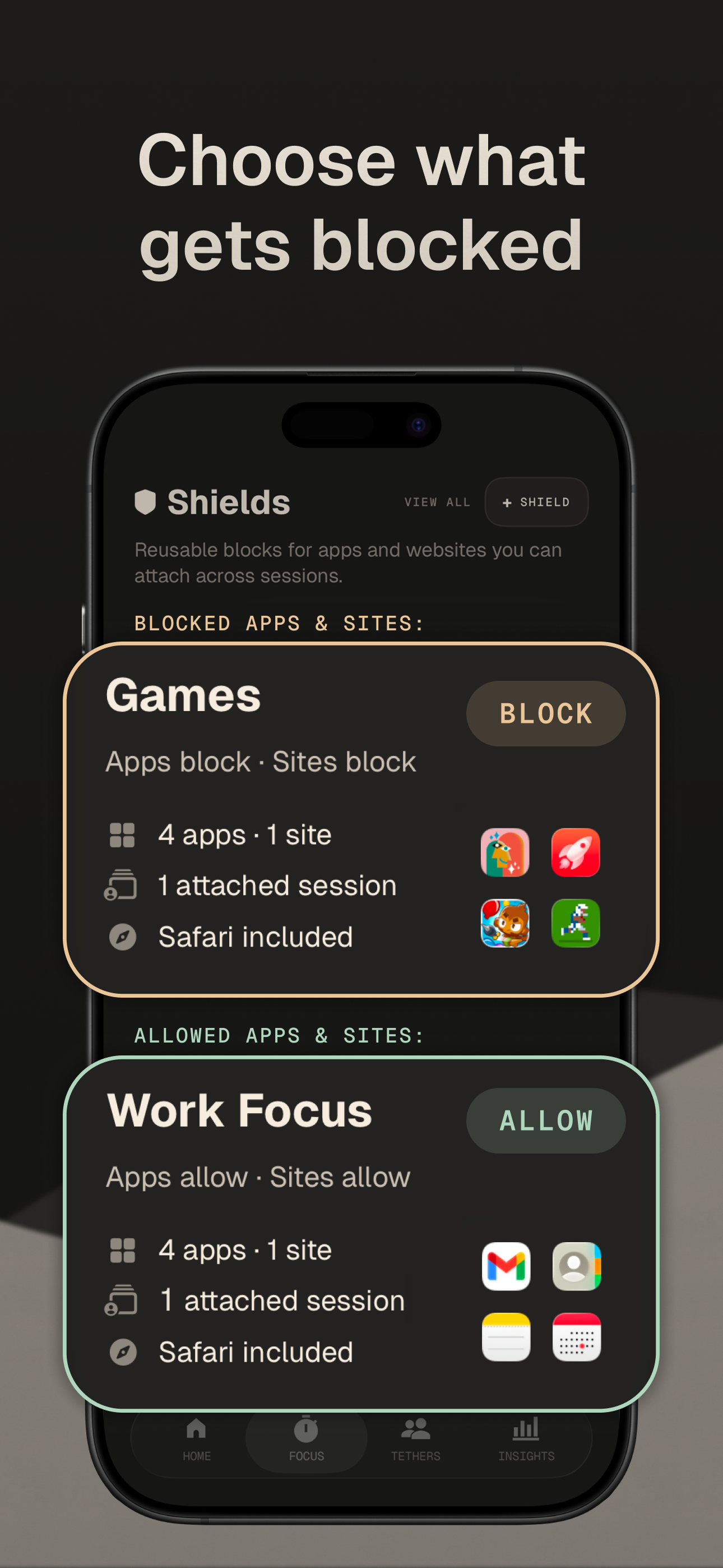 Reusable shields — Games (block) and Work Focus (allow) blocklists