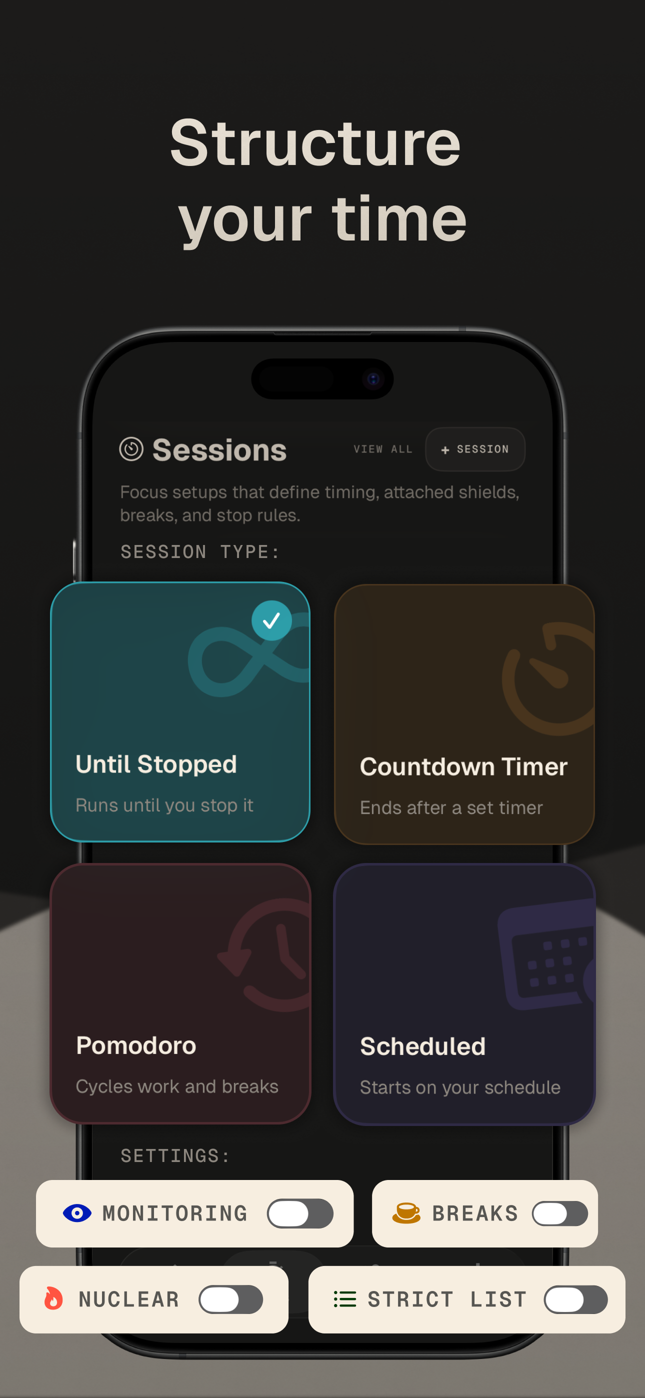 Structure your time — Until Stopped, Countdown, Pomodoro, Scheduled